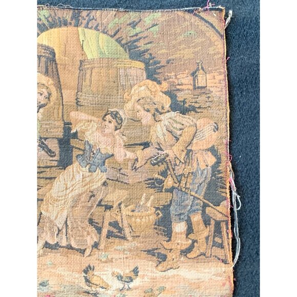 Vintage French Tapestry Square with Rustic Scene of Village Life - Picture 3 of 8